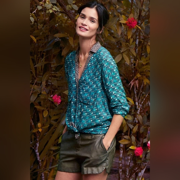 Anthropologie Maeve Casia Henley Green Geometric Button Front Shirt - Picture 1 of 4